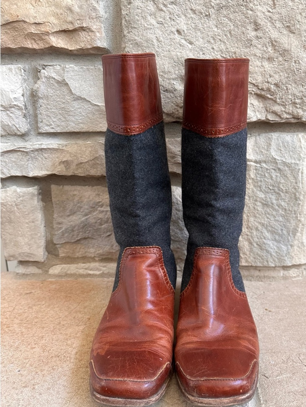 Wolverine Tall, Two-Tone, Brown Leather, and Grey Wool Riding Boots, Women’s 9 - Picture 6 of 14
